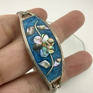 Vintage Mexican Silver 925 Abalone Inlay Bracelet Blue Mosaic Hinged Bangle